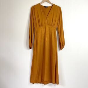 Sanctuary Empire Waist Midi Dress Size 2 Mustard Polka Dot Quiet Luxury Office